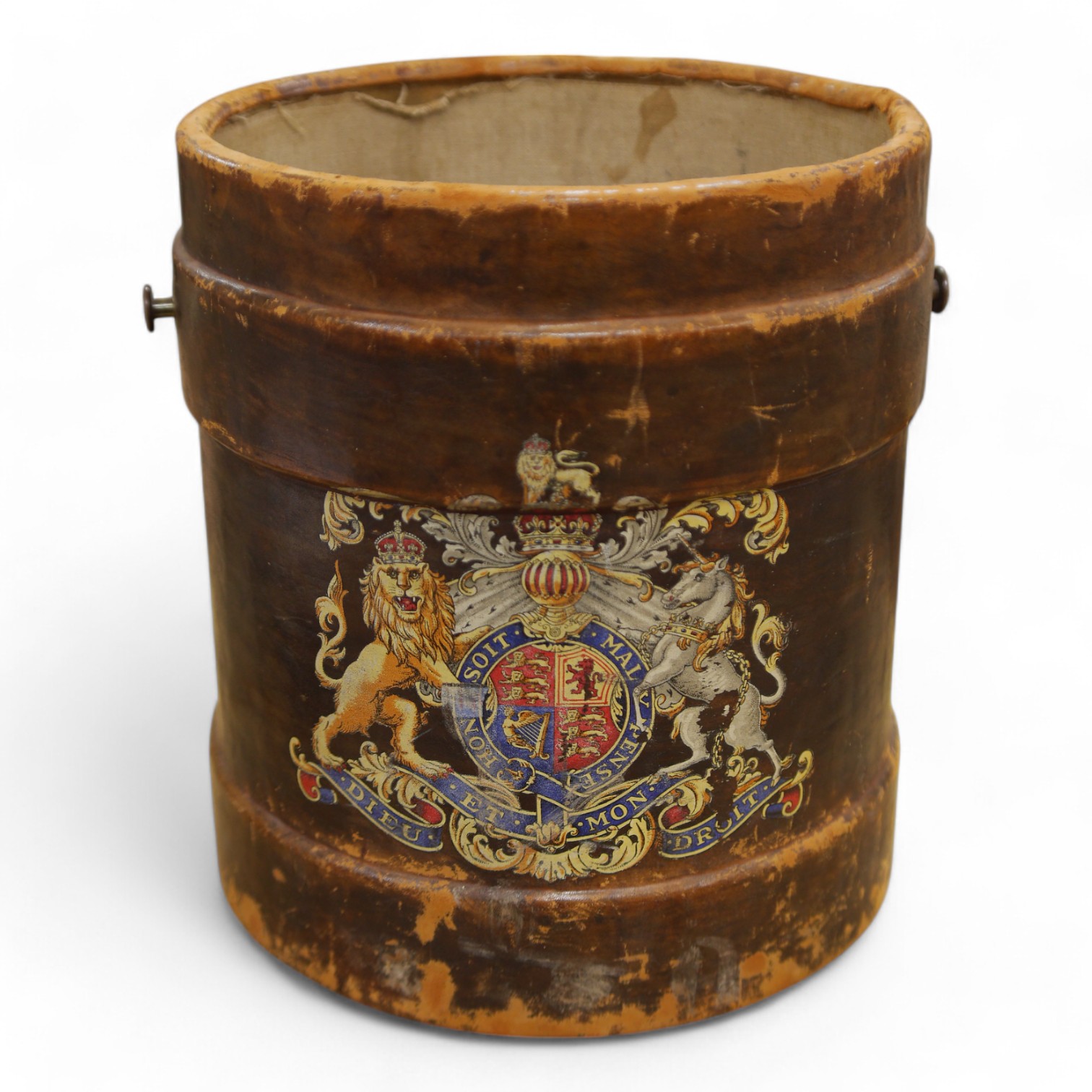 A 19th century leather fire bucket decorated with the Royal armorials, 36cm high. Condition - fair, some scuffing